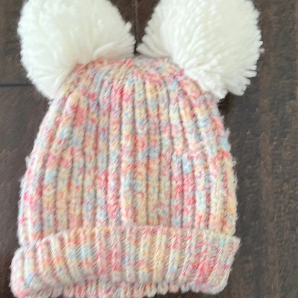 Adorable Baby Gap Colorful Knit Hat with Pom Poms and Mittens Set for Kids